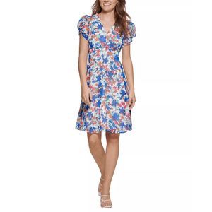 Floral V-Neck Short Sleeve Dress in Blue and Coral